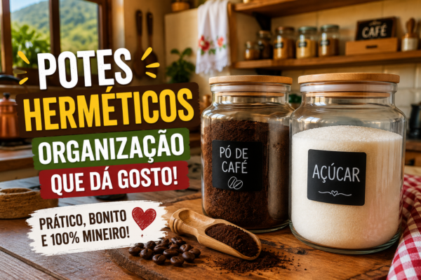 Potes hermeticos de vidro armazenando po de cafe e acucar em uma cozinha mineira organizada